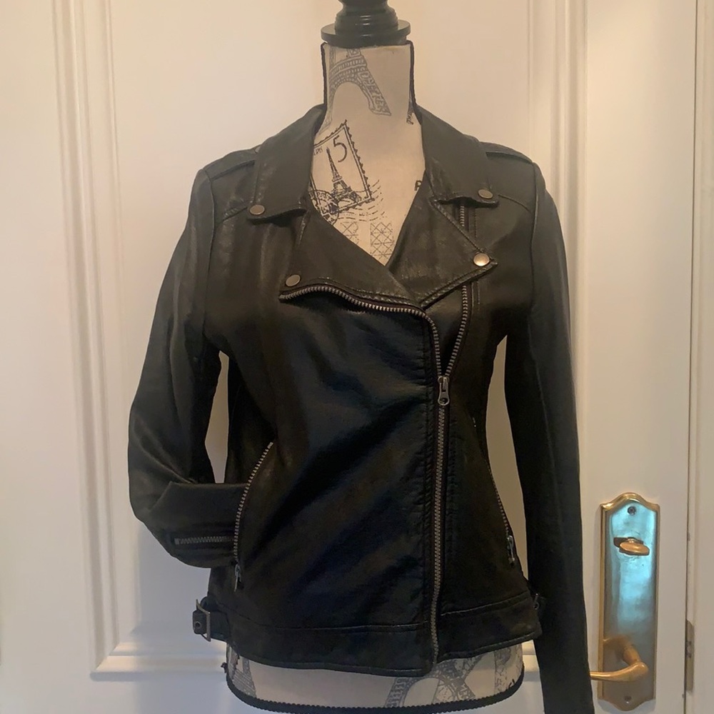 Black faux leather biker style jacket for women size M